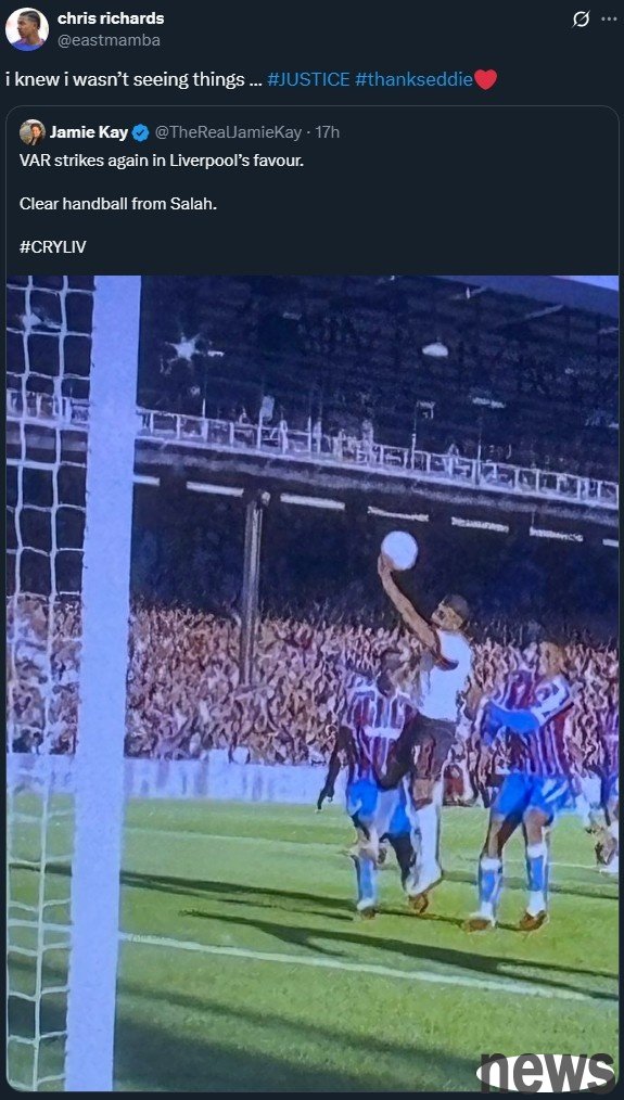 Crystal Palace defender Richards forwarded Salah s handball photo: I knew it wasn t my illusion